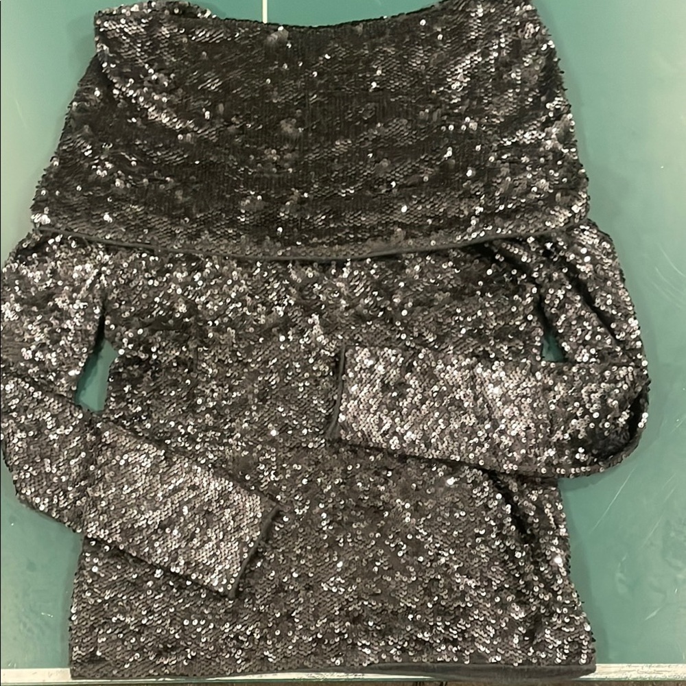 Donna Karan Black Sequin Off-Shoulder Cashmere Top/Mini Dress Size L